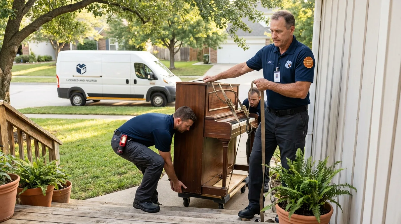 Licensed piano movers securing grand piano in Concord, MI