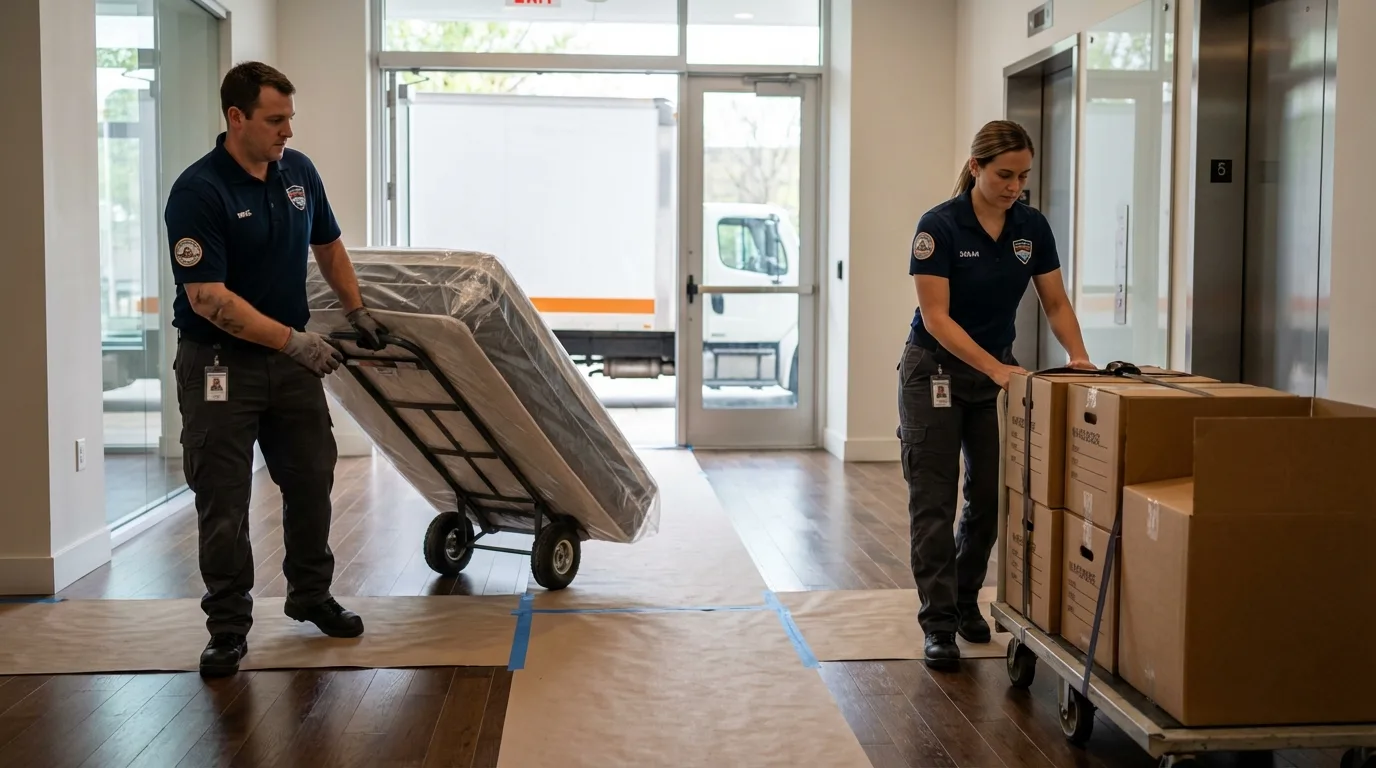 Professional apartment movers loading elevator in Concord, MI